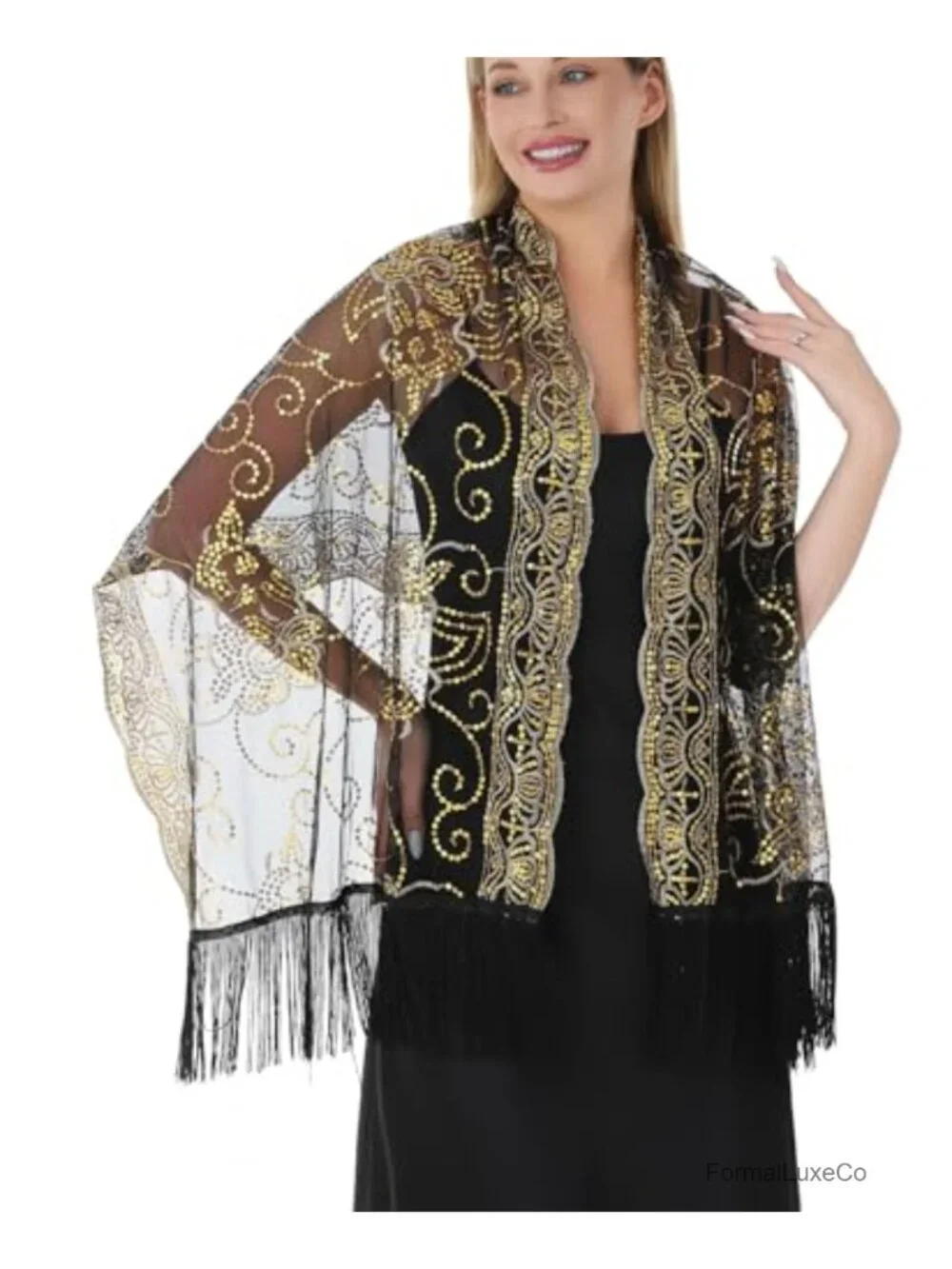 Evening Dress Shawl Wrap Sheer Chiffon with Sequin Fringe Formal Party